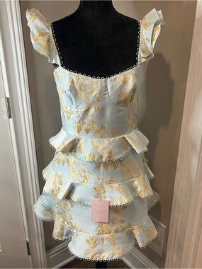 V CHAPMAN-  Blue and Gold Floral Ruffle Dress